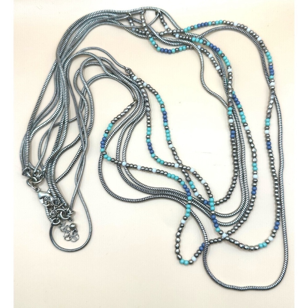 Premier Design Aqua Blue Silver Tone Seed Bead Layered Snake Chain Necklace